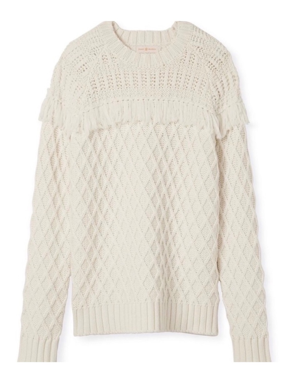 Tory Burch Fishermans Fringe Wool Sweater Cream Size Small